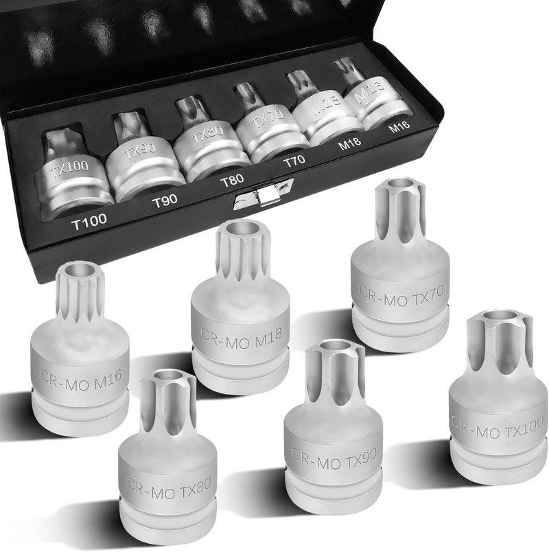 JEUCLEL 6PCS 3/4"Drive Torx Star & Triple Square Impact Socket Set, Cr-MO T100 T90 T80 T70 M18 M16 Impact Drive Allen Socket Kit, Remover Hand Repair Tool - Image 1